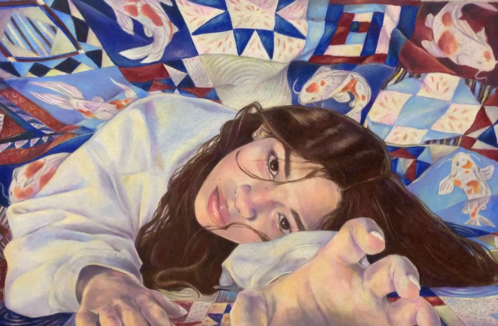 Rep. Raskin's 2023 Art Competition winning entry depicts a young girl with brown hair lying on her stomach reaching her hand toward the viewer. Above her the sky is a patterned quilt with fish. 