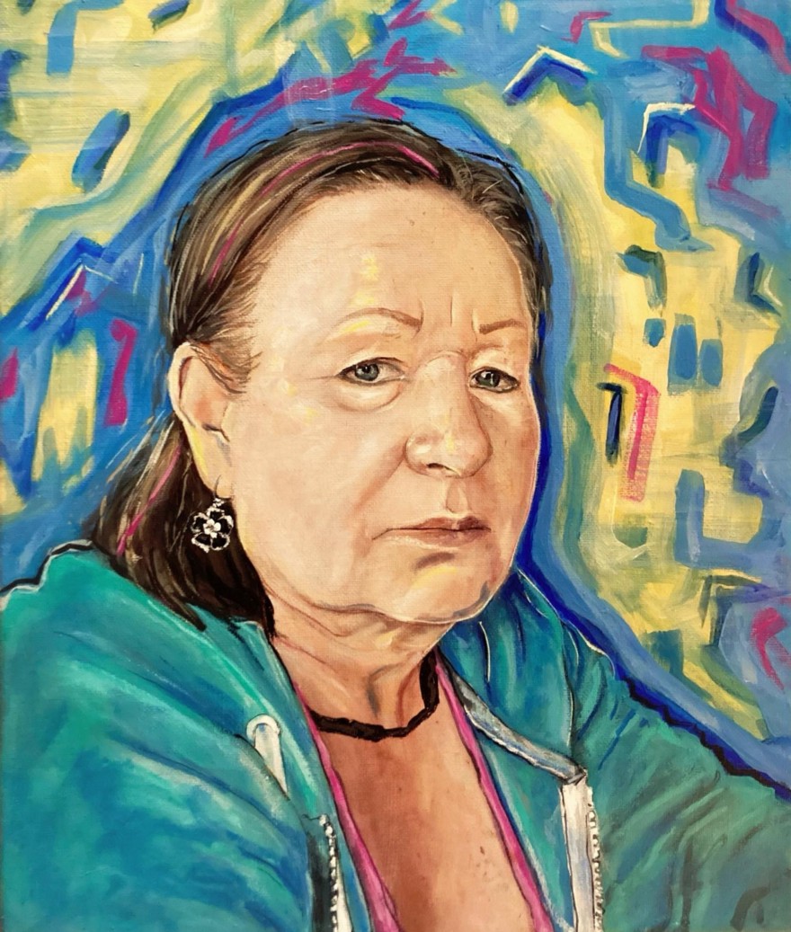 A painting of a middle-aged woman with a background of vibrant colors